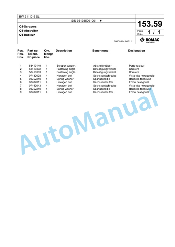 Bomag BW 211 D-5 SL Single Drum Wheel Drive Vibratory Roller Spare Parts Catalogue 00826855-5