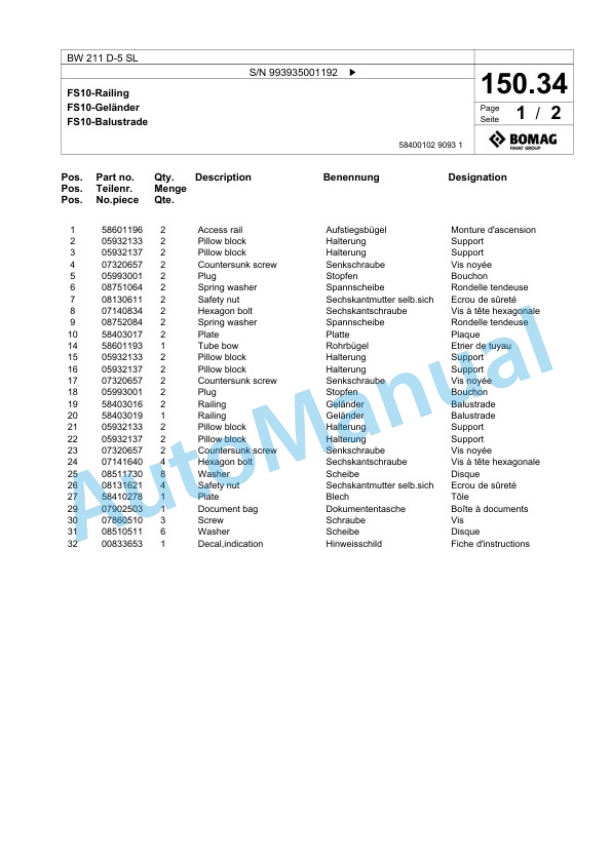 Bomag BW 211 D-5 SL Single Drum Wheel Drive Vibratory Roller Spare Parts Catalogue 00826857-3
