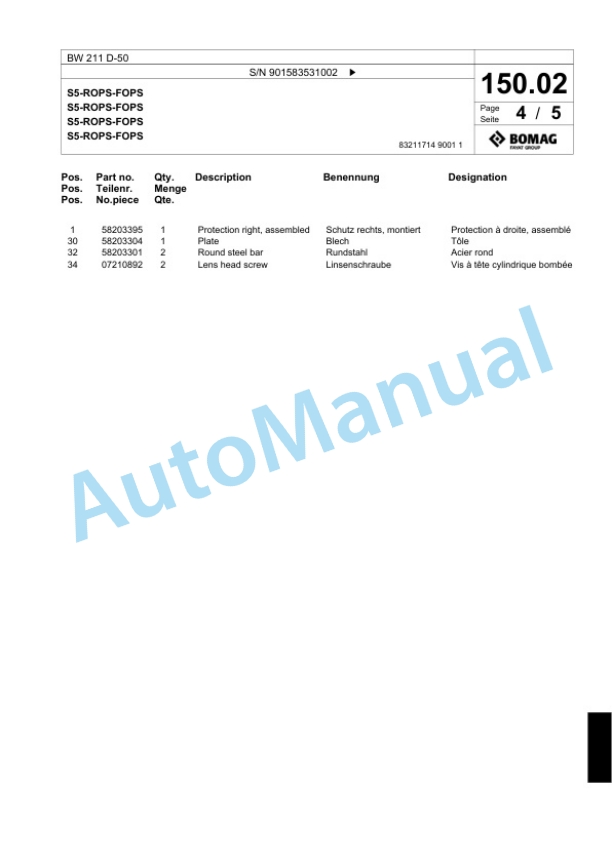 Bomag BW 211 D-50 Single Drum Wheel Drive Vibratory Roller Spare Parts Catalogue 00818869-4