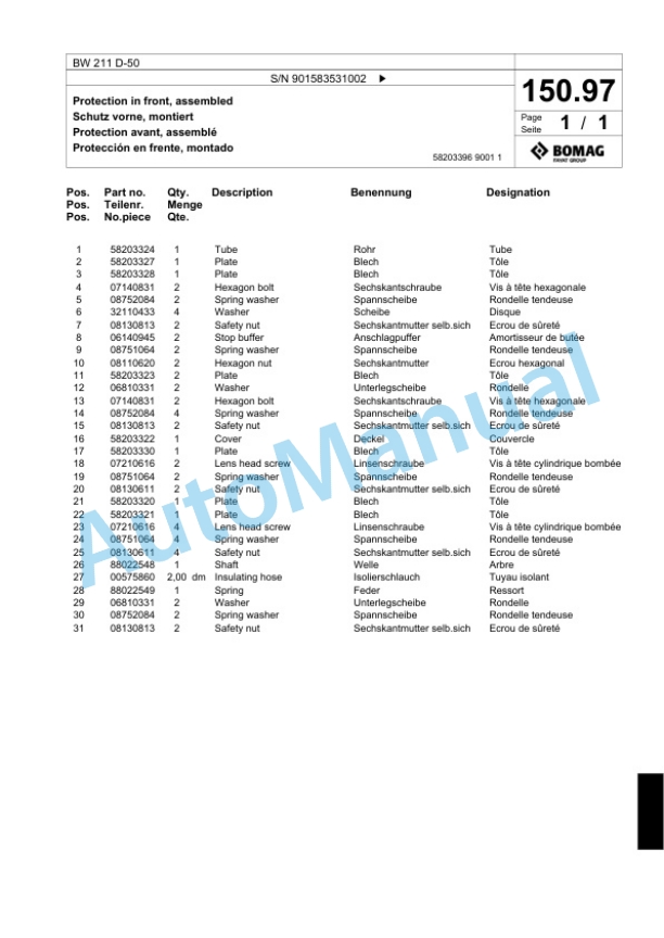 Bomag BW 211 D-50 Single Drum Wheel Drive Vibratory Roller Spare Parts Catalogue 00818869-5