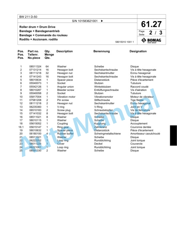 Bomag BW 211 D-50 Single Drum Wheel Drive Vibratory Roller Spare Parts Catalogue 00824425-2