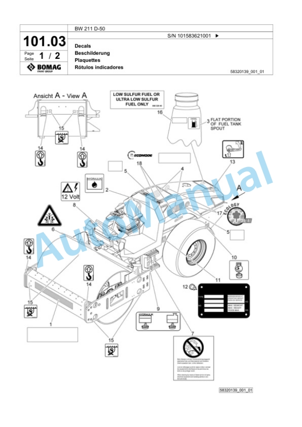 Bomag BW 211 D-50 Single Drum Wheel Drive Vibratory Roller Spare Parts Catalogue 00824425-3