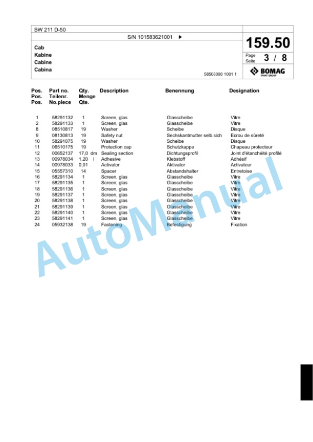 Bomag BW 211 D-50 Single Drum Wheel Drive Vibratory Roller Spare Parts Catalogue 00824425-5