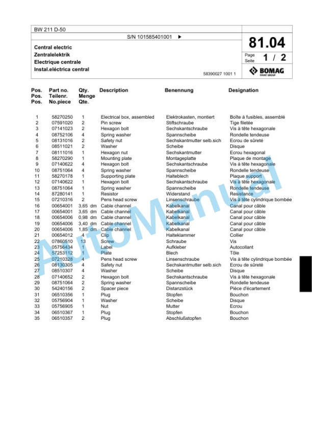 Bomag BW 211 D-50 Single Drum Wheel Drive Vibratory Roller Spare Parts Catalogue 00824701-2