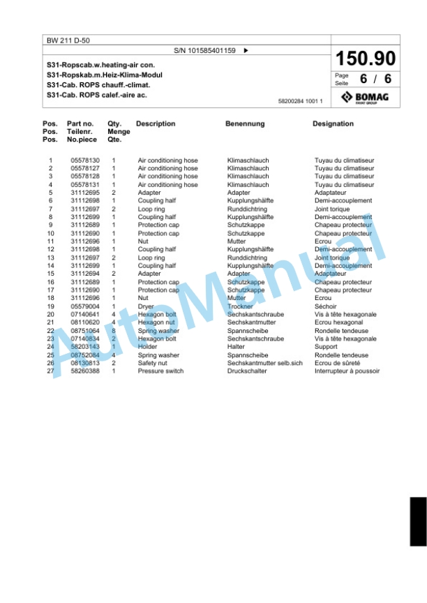 Bomag BW 211 D-50 Single Drum Wheel Drive Vibratory Roller Spare Parts Catalogue 00824701-4