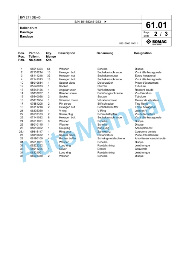 Bomag BW 211 DE-40 Single Drum Wheel Drive Vibratory Roller Spare Parts Catalogue 00800913-2