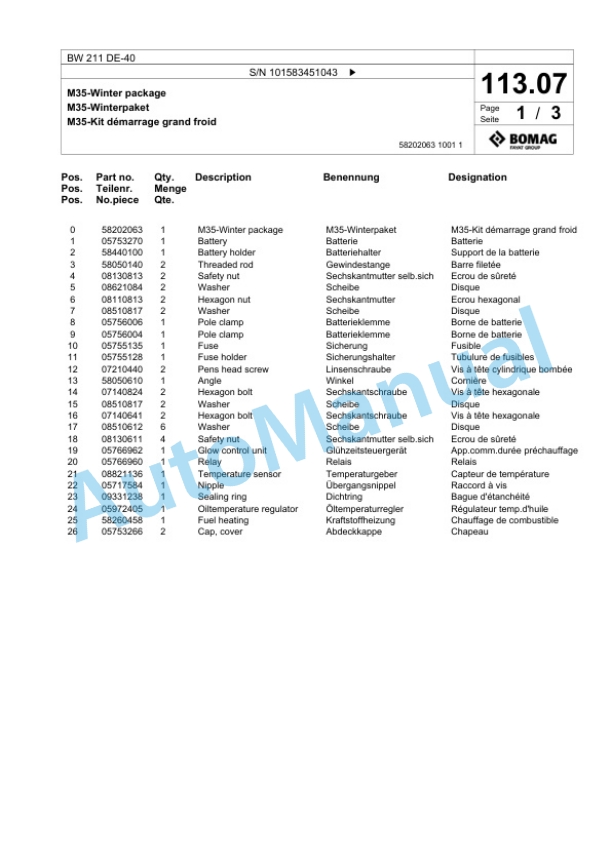 Bomag BW 211 DE-40 Single Drum Wheel Drive Vibratory Roller Spare Parts Catalogue 00800913-3