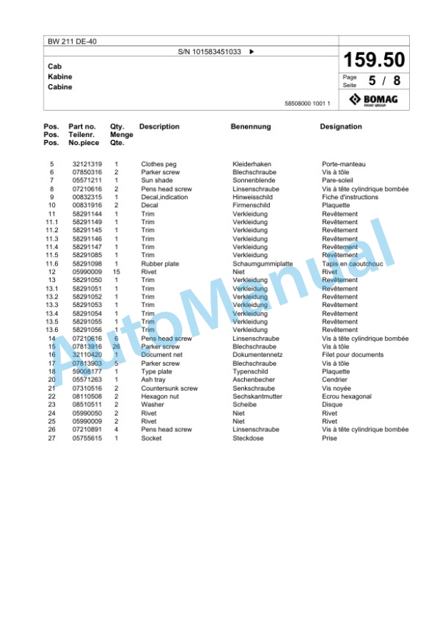 Bomag BW 211 DE-40 Single Drum Wheel Drive Vibratory Roller Spare Parts Catalogue 00800913-5
