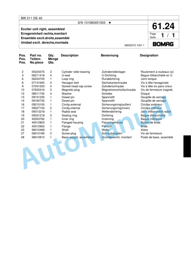 Bomag BW 211 DE-40 Single Drum Wheel Drive Vibratory Roller Spare Parts Catalogue 00818741-2