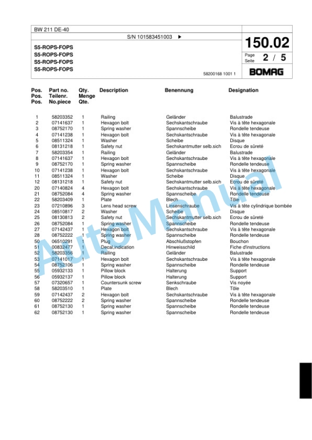 Bomag BW 211 DE-40 Single Drum Wheel Drive Vibratory Roller Spare Parts Catalogue 00818741-3