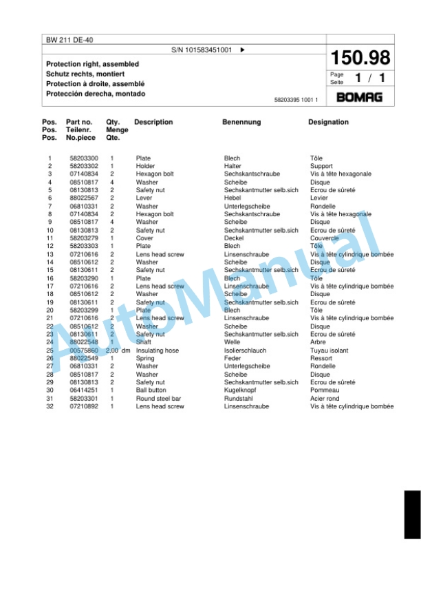 Bomag BW 211 DE-40 Single Drum Wheel Drive Vibratory Roller Spare Parts Catalogue 00818741-4