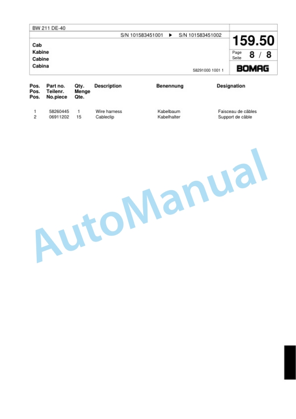 Bomag BW 211 DE-40 Single Drum Wheel Drive Vibratory Roller Spare Parts Catalogue 00818741-5