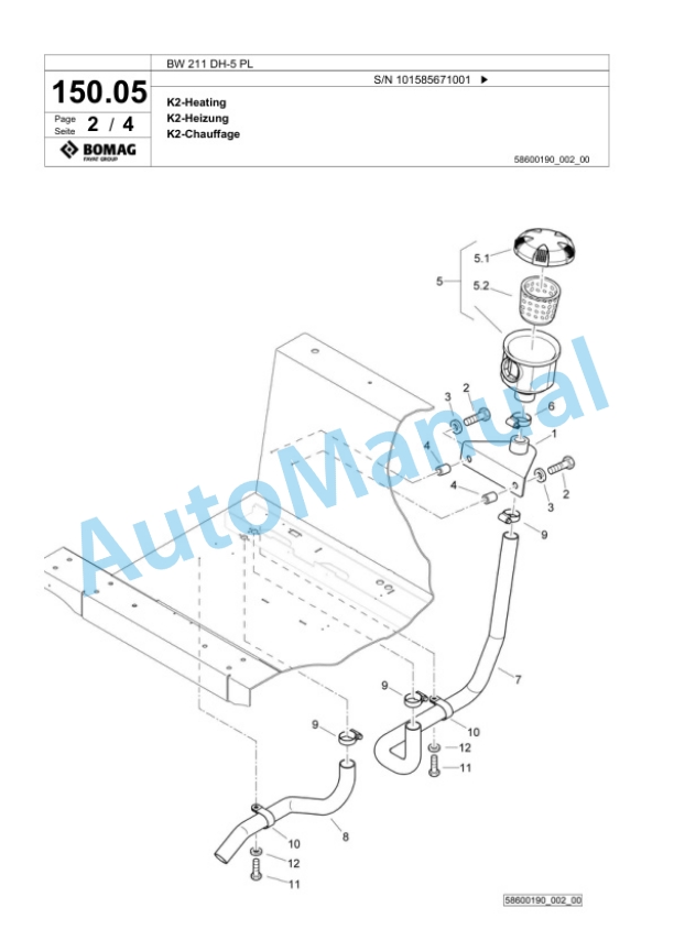 Bomag BW 211 DH-5 PL Single Drum Wheel Drive Vibratory Roller Spare Parts Catalogue 00827239-3