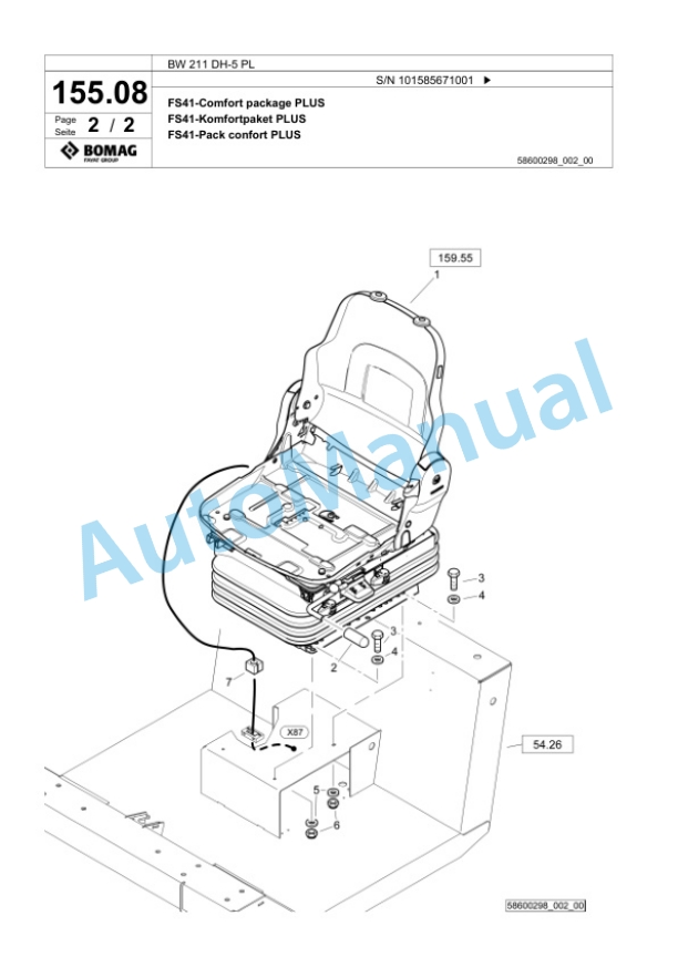 Bomag BW 211 DH-5 PL Single Drum Wheel Drive Vibratory Roller Spare Parts Catalogue 00827239-5