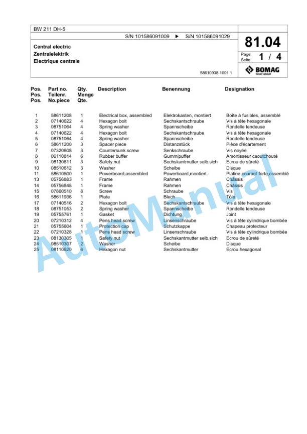 Bomag BW 211 DH-5 Single Drum Wheel Drive Vibratory Roller Spare Parts Catalogue 00824573-2