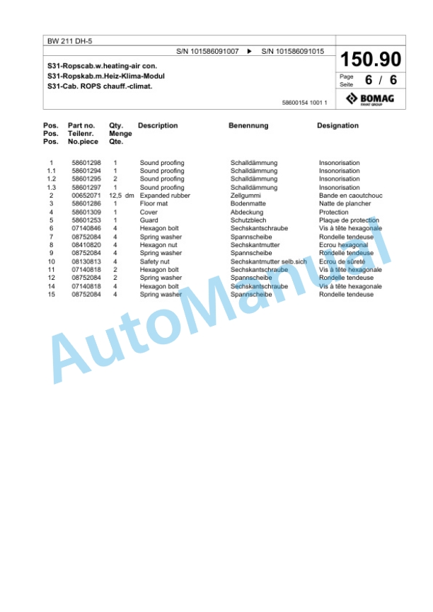 Bomag BW 211 DH-5 Single Drum Wheel Drive Vibratory Roller Spare Parts Catalogue 00824573-4
