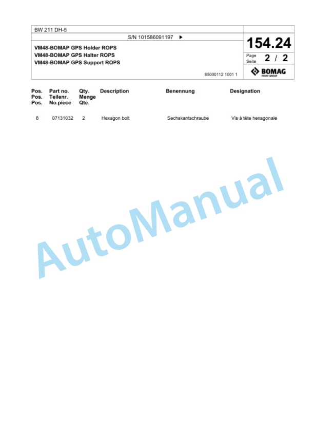 Bomag BW 211 DH-5 Single Drum Wheel Drive Vibratory Roller Spare Parts Catalogue 00824573-5