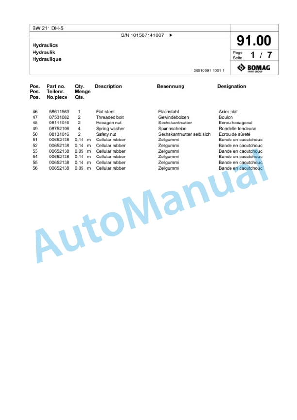 Bomag BW 211 DH-5 Single Drum Wheel Drive Vibratory Roller Spare Parts Catalogue 00826061-2
