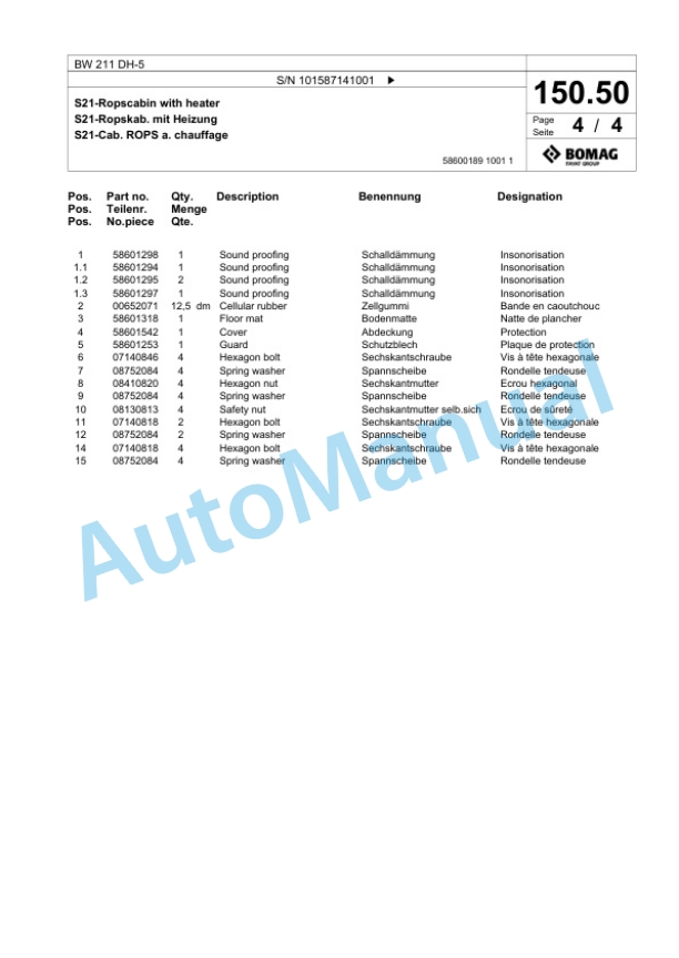 Bomag BW 211 DH-5 Single Drum Wheel Drive Vibratory Roller Spare Parts Catalogue 00826061-3