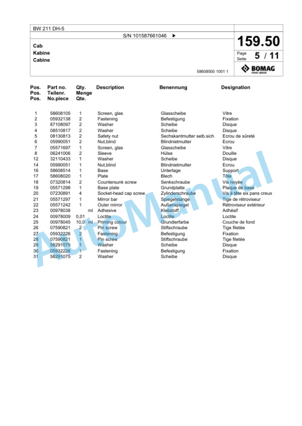 Bomag BW 211 DH-5 Single Drum Wheel Drive Vibratory Roller Spare Parts Catalogue 00826559-5