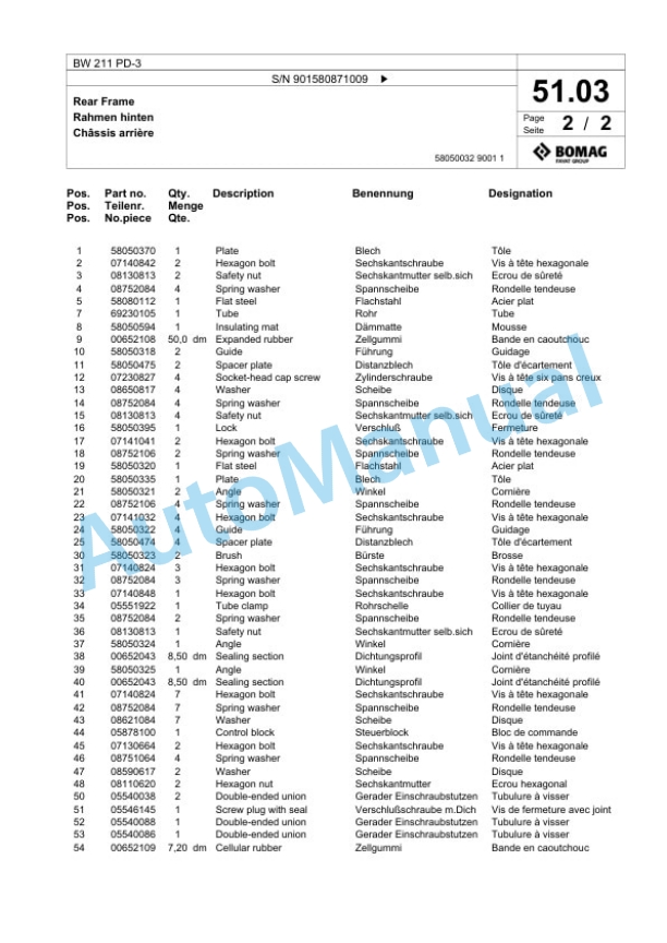 Bomag BW 211 PD-3 Single Drum Wheel Drive Vibratory Roller Spare Parts Catalogue 00817608-2