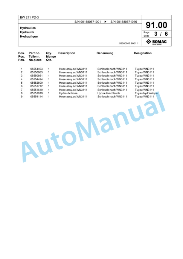 Bomag BW 211 PD-3 Single Drum Wheel Drive Vibratory Roller Spare Parts Catalogue 00817608-3