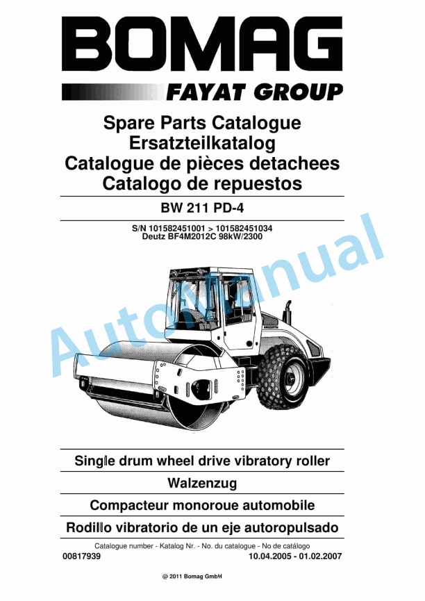 Bomag BW 211 PD-4 Single Drum Wheel Drive Vibratory Roller Spare Parts Catalogue 00817939