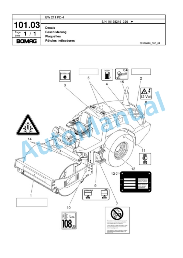 Bomag BW 211 PD-4 Single Drum Wheel Drive Vibratory Roller Spare Parts Catalogue 00817939-3