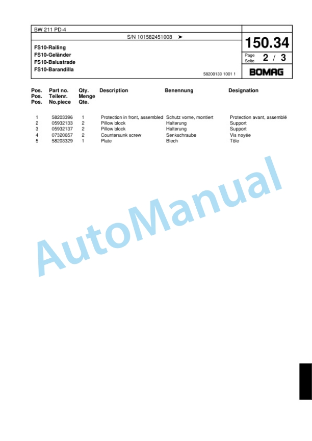 Bomag BW 211 PD-4 Single Drum Wheel Drive Vibratory Roller Spare Parts Catalogue 00817939-4