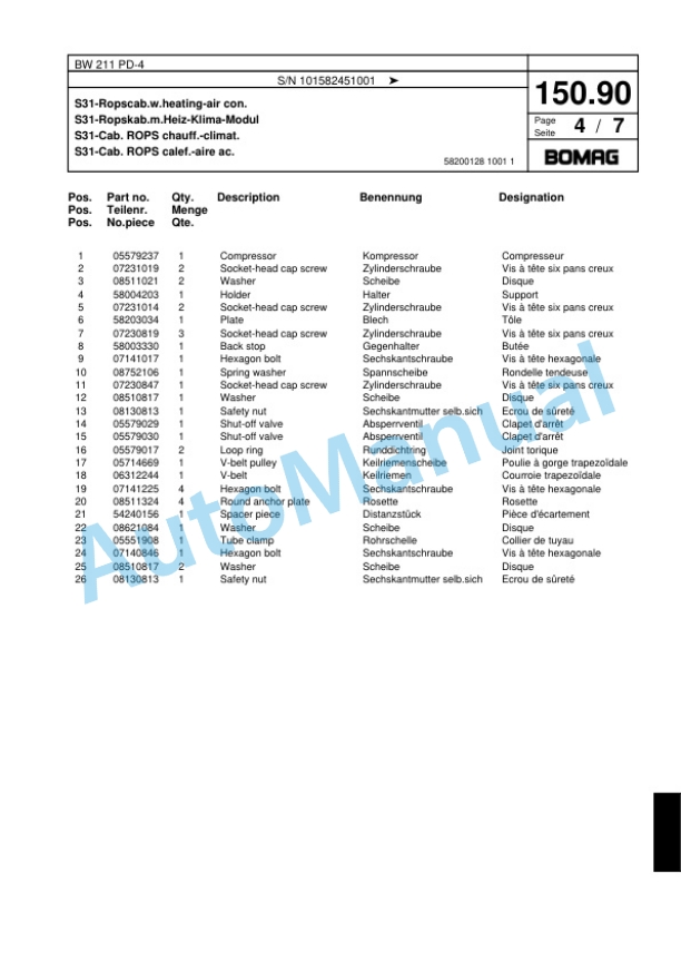 Bomag BW 211 PD-4 Single Drum Wheel Drive Vibratory Roller Spare Parts Catalogue 00817939-5