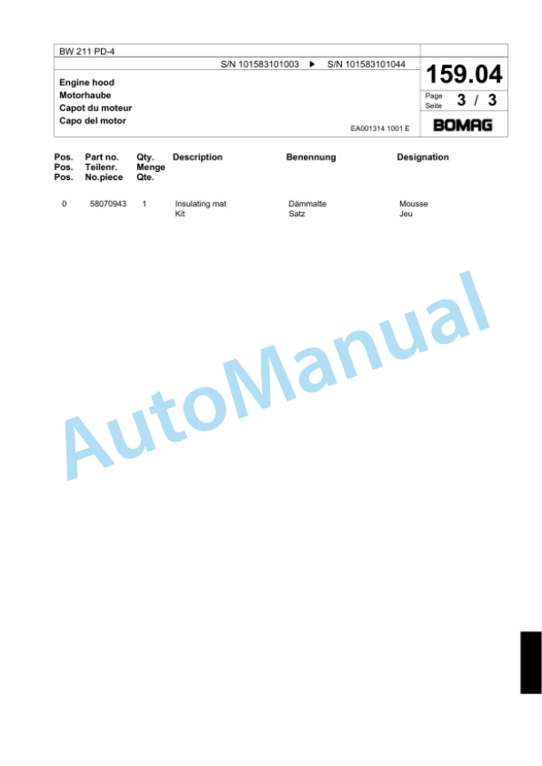 Bomag BW 211 PD-4 Single Drum Wheel Drive Vibratory Roller Spare Parts Catalogue 00818329-4