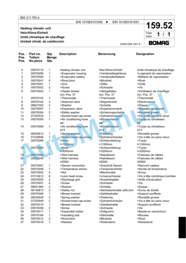 Bomag BW 211 PD-4 Single Drum Wheel Drive Vibratory Roller Spare Parts Catalogue 00818329-5