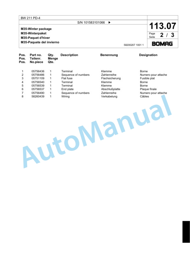 Bomag BW 211 PD-4 Single Drum Wheel Drive Vibratory Roller Spare Parts Catalogue 00824161-3