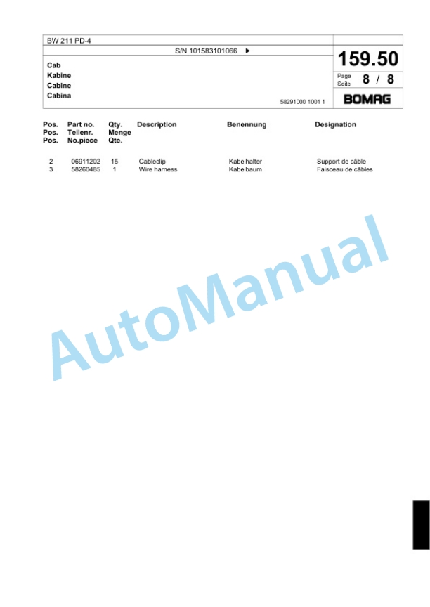 Bomag BW 211 PD-4 Single Drum Wheel Drive Vibratory Roller Spare Parts Catalogue 00824161-5