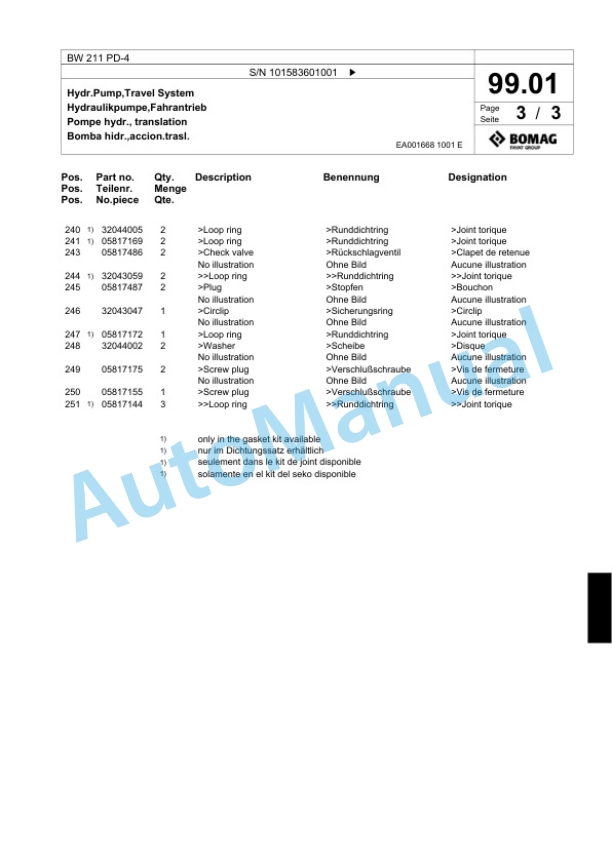 Bomag BW 211 PD-4 Single Drum Wheel Drive Vibratory Roller Spare Parts Catalogue 00824391-3