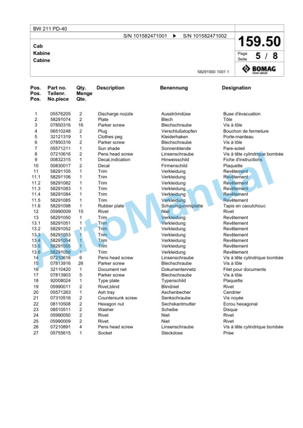 Bomag BW 211 PD-40 Single Drum Wheel Drive Vibratory Roller Spare Parts Catalogue 00818065-5