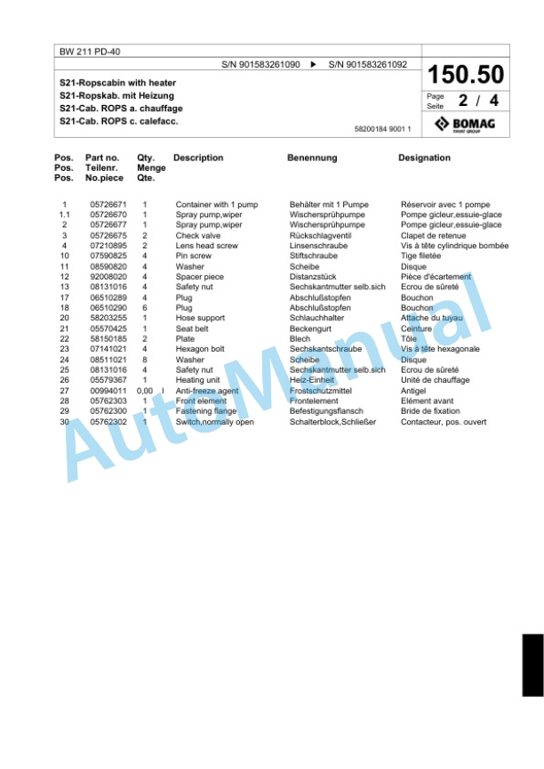 Bomag BW 211 PD-40 Single Drum Wheel Drive Vibratory Roller Spare Parts Catalogue 00818319-5