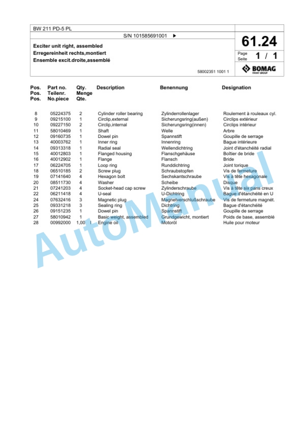 Bomag BW 211 PD-5 PL Single Drum Wheel Drive Vibratory Roller Spare Parts Catalogue 00827241-2