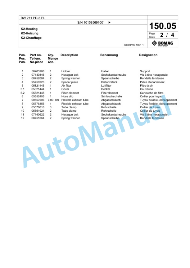 Bomag BW 211 PD-5 PL Single Drum Wheel Drive Vibratory Roller Spare Parts Catalogue 00827241-3