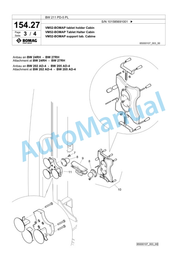 Bomag BW 211 PD-5 PL Single Drum Wheel Drive Vibratory Roller Spare Parts Catalogue 00827241-4