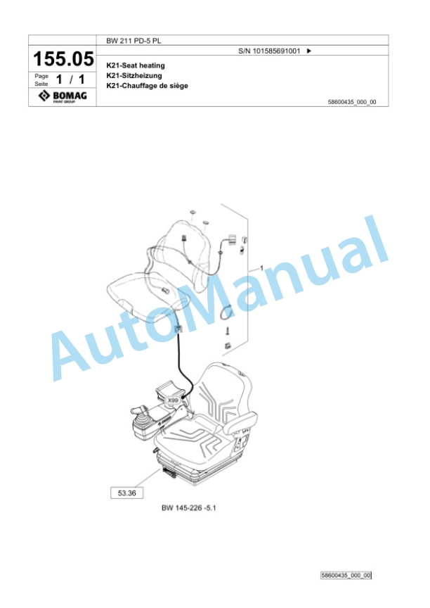 Bomag BW 211 PD-5 PL Single Drum Wheel Drive Vibratory Roller Spare Parts Catalogue 00827241-5
