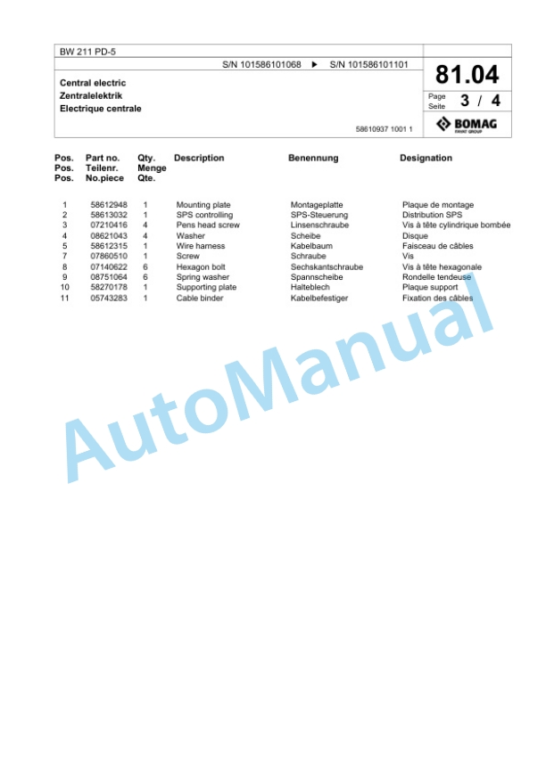 Bomag BW 211 PD-5 Single Drum Wheel Drive Vibratory Roller Spare Parts Catalogue 00824841-2