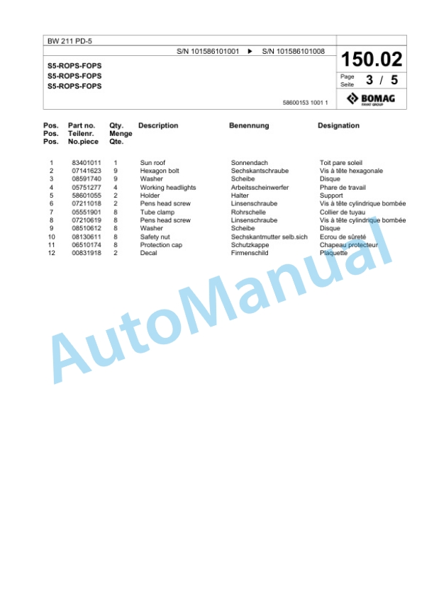 Bomag BW 211 PD-5 Single Drum Wheel Drive Vibratory Roller Spare Parts Catalogue 00824841-3