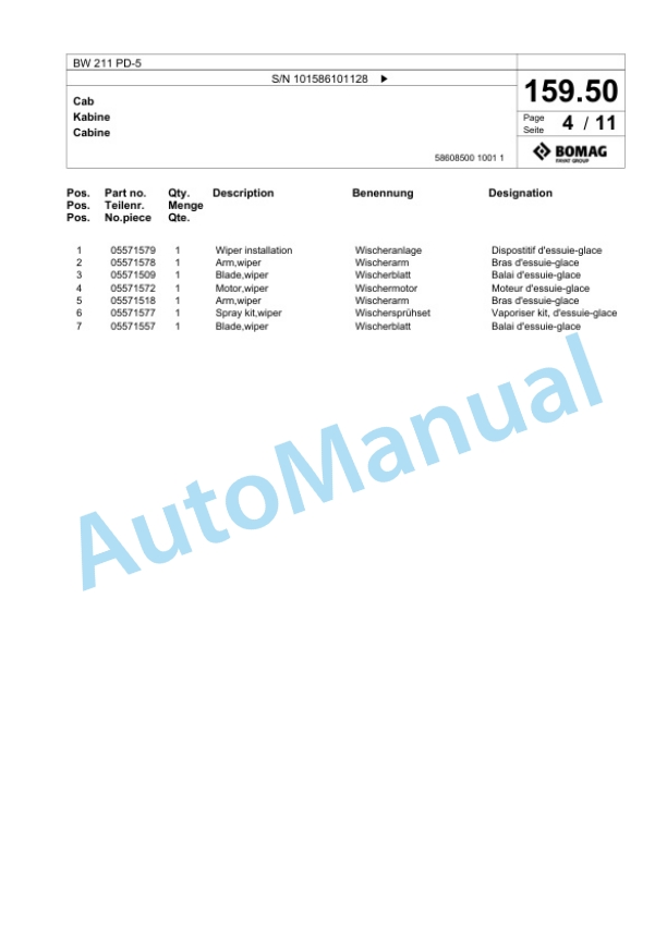 Bomag BW 211 PD-5 Single Drum Wheel Drive Vibratory Roller Spare Parts Catalogue 00824841-5