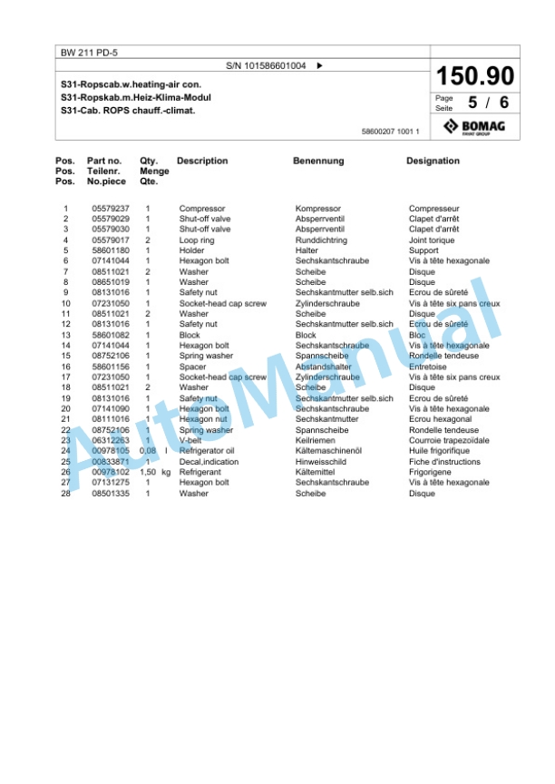 Bomag BW 211 PD-5 Single Drum Wheel Drive Vibratory Roller Spare Parts Catalogue 00825085-5
