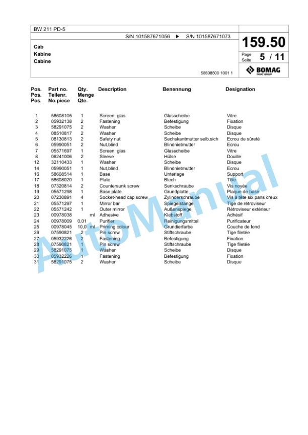 Bomag BW 211 PD-5 Single Drum Wheel Drive Vibratory Roller Spare Parts Catalogue 00826561-5
