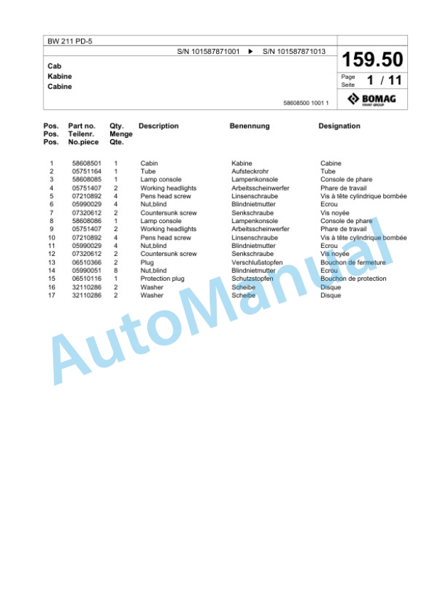 Bomag BW 211 PD-5 Single Drum Wheel Drive Vibratory Roller Spare Parts Catalogue 00826937-5