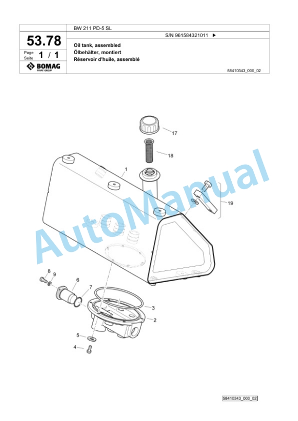 Bomag BW 211 PD-5 SL Single Drum Wheel Drive Vibratory Roller Spare Parts Catalogue 00826705-2