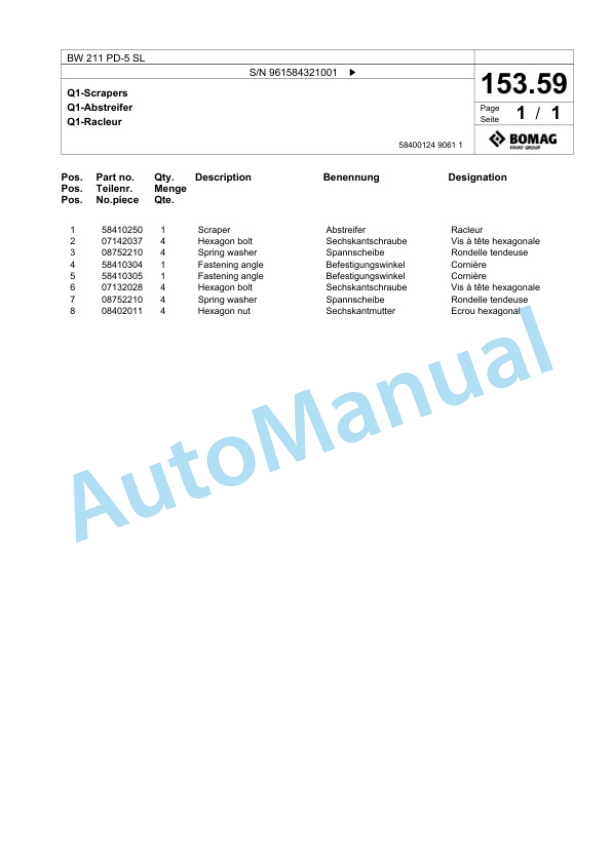 Bomag BW 211 PD-5 SL Single Drum Wheel Drive Vibratory Roller Spare Parts Catalogue 00826705-5