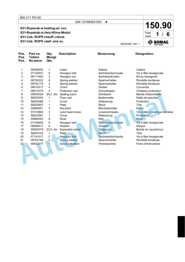 Bomag BW 211 PD-50 Single Drum Wheel Drive Vibratory Roller Spare Parts Catalogue 00824427-4